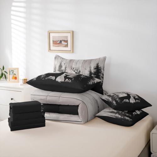 Erosebridal Deer Family Bedding Set Queen Retro Wooden Farmhouse Comforter Set 7 Piece Hunting Rustic Animal Bed in A Bag for Kids Adults Western Forest Wildlife Hunting Quilt with Flat Fitted Sheet