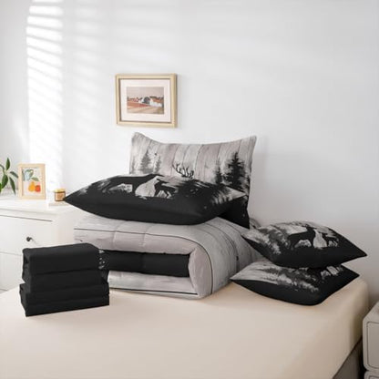 Erosebridal Deer Family Bedding Set Full Retro Wooden Farmhouse Comforter Set 7 Piece Hunting Rustic Animal Bed in A Bag for Kids Boys Men Western Forest Wildlife Hunting Quilt with Flat Fitted Sheet