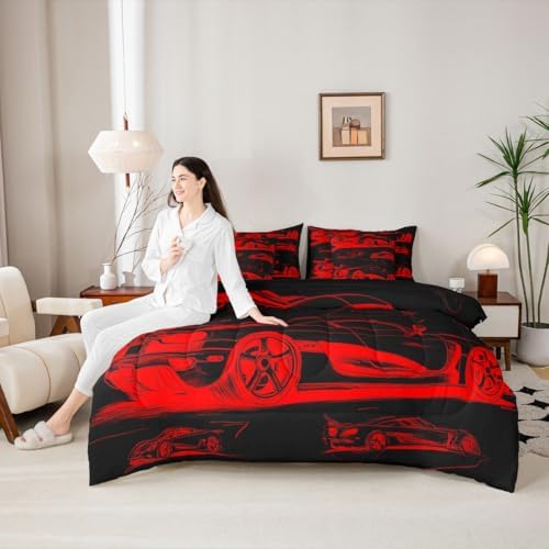 Feelyou Red Race Car Comforter Set with Sheets 7 Piece King Size Speed Sports Car Bed in a Bag Kids Boys Girls Extreme Sports Bedding Set Bedroom Decor Breathable Soft Lightweight Microfiber