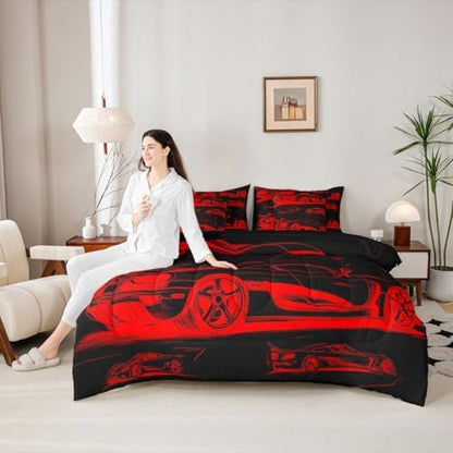 Feelyou Red Race Car Comforter Set with Sheets 7 Piece King Size Speed Sports Car Bed in a Bag Kids Boys Girls Extreme Sports Bedding Set Bedroom Decor Breathable Soft Lightweight Microfiber