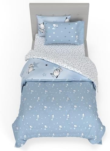 Sanrio Pochacco Bedding 5 Piece Super Soft Cozy Reversible Comforter and Sheet Set with Sham, Twin, (Officially Licensed Product) By Franco