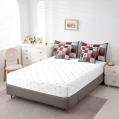 Erosebridal 7 Piece Happy Camping Bedding Set Twin for Kids Adults,Rv Camper Comforter Set for Bunk Travel Trailers,Red Black Buffalo Plaid Bed in a Bag with Sheets,Rustic Cabin Patchwork Bed Set