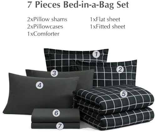 Plaid Queen Comforter Set Black 7 Pieces Reversible Checkered Bed in a Bag