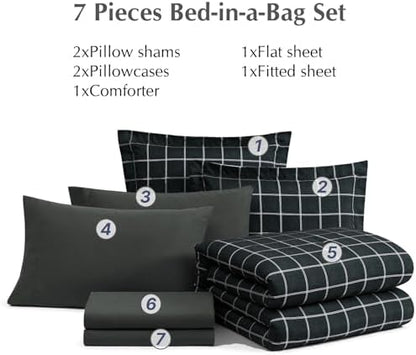 Plaid Queen Comforter Set Black 7 Pieces Reversible Checkered Bed in a Bag