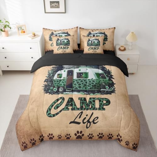 Happy Camping Bed In A Bag Twin Size Leopard Print Camper Comforter Set With Sheets For Kids Teens Adult Bedroom Decor Rustic Cabin Lodge 7 Piece Bedding Set Vintage Rv Farmhouse Bed Sets, Brown Green