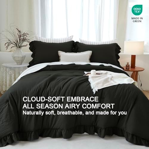 Black Ruffle 3 Pieces Comforter Set King Shabby Chic Bedding Set