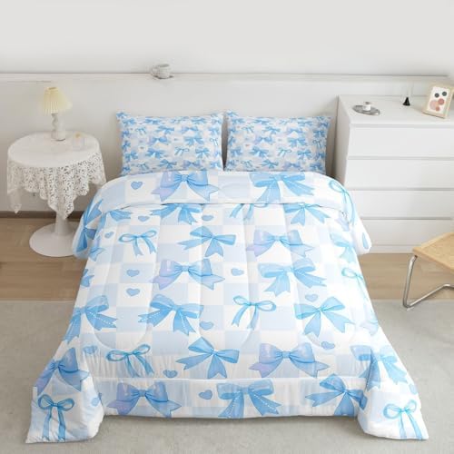 jejeloiu Watercolor Bow Comforter Set King Size Blue Bow Bedding Set for Kids Boys Girls Dreamy Princess Style Duvet Quilt Bedroom Decor Microfiber 3 Pcs with 2 Pillow Cases
