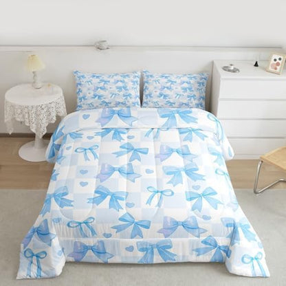 jejeloiu Watercolor Bow Comforter Set Toddler Size Blue Bow Bedding Set for Kids Boys Girls Dreamy Princess Style Duvet Quilt Bedroom Decor Microfiber 2 Pcs with 1 Pillow Cases