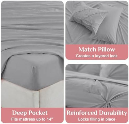 JOLLYVOGUE Queen Comforter Set 7 Pieces - Bed in a Bag Queen for All Season, Pintuck Bedding Comforter Sets with Comforter, Flat Sheet, Fitted Sheet and Pillowcases & Shams, Light Grey