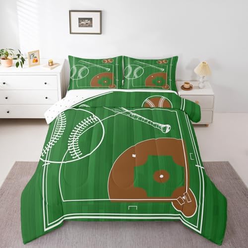 Erosebridal Kids Baseball King Comforter Set for Boys Girls Sport Bedding Set, Geometric Reversible Bedding Comforter Sets Green Brown Duvet Set, Ball Gaming Quilted Comforter, Microfiber
