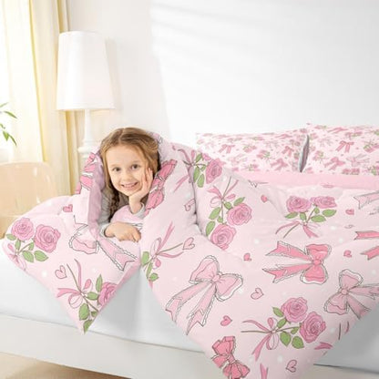 Castle Fairy Pink Bowknot Queen Size Comforter Set,Vintage Farmhouse Kawaii Pink Roses Duvet Insert for Kids Teens Adults,Romantic Princess Style Bedding Comforters for Bedroom Decor,3 Pcs