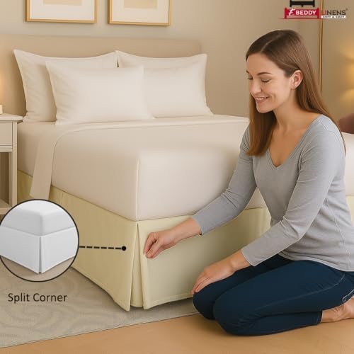 eBeddy Linens Split Corner Bed Skirt Twin 16 Inch Drop – 100% Microfiber, – Platform Style, Ivory Solid, 3-Sided Pleated, Tailored Fit, Hidden Storage, Hotel Luxury, Washable