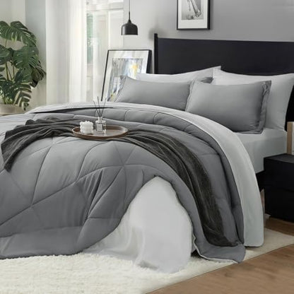 BEDELITE California King Size Comforter Set 7 Pieces Bed in A Bag - Soft Microfiber Reversible Cal King Grey Bed Set with Comforters, Sheets, Pillowcases & Shams, Cozy Bedding Sets for All Season