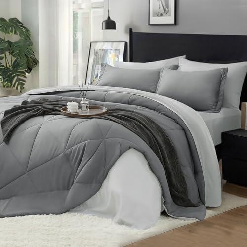 BEDELITE King Comforter Set 7 Pieces, Reversible Dark Grey Bed in A Bag