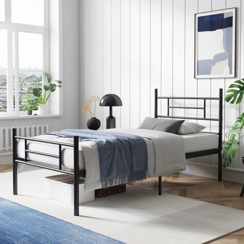 Avenco Metal Platform Bed Frame Twin Size with Classical Headboard and Footboard, 14 Inch, Under Bed Storage, Strong Metal Slats Support, Mattress Foundation, No Box Spring Needed