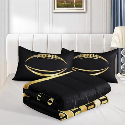 Football Comforter Sets,6 PCS Football Bedding Set for Boys,Kids Comforter Sets for Boys,Full Black and Gold Comforters Sets for Boy,Bed in A Bag with Sheets