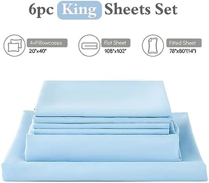 ILAVANDE King Size 6 Piece Bed Sheets Set, Baby Blue - 1800 Series Microfiber, Deep Pockets, Wrinkle & Fade Resistant, 5-Star Hotel Sleeping Experience