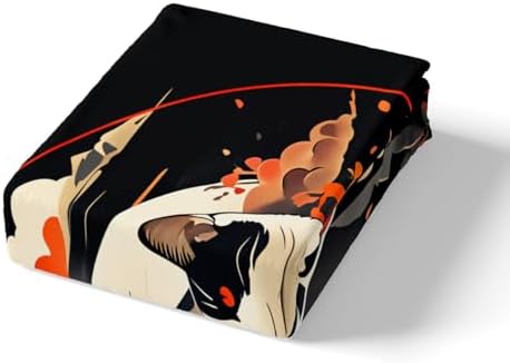 Feelyou Kids Kawaii Cat Anime Duvet Cover Toddler Japanese Retro Funny Cat Bedding Set Boys Girls Japanese Style Comforter Cover Set Japanese Wave Sakura Flower Floral Bedspread Cover（No Comforter