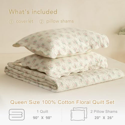 Lady Ann 100% Cotton Queen Quilt - Pink Flower Botanical Queen Bedding Sets, 3 Pcs Lightweight Scalloped Edge Bedspread Set Ultra Soft Quilted Floral Coverlet for All Season