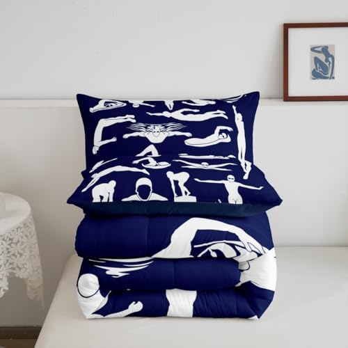 Homewish Swim Comforter Set King Size,Swimming Quilted Duvet 3Pcs for Kids Boys Teens Adult Room Decor,Swimmer Silhouette Print Bedding Sets Modern Navy Blue White Down Comforter,2 Pillowcases