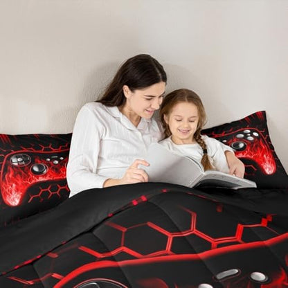 Erosebridal Ombre Art Honeycomb Game Consoles Comforter Set Red Neon Lights Gaming King Bedding Set Geometric Hexagon Beehive Duvet Set Gamer Room Decor for Boys
