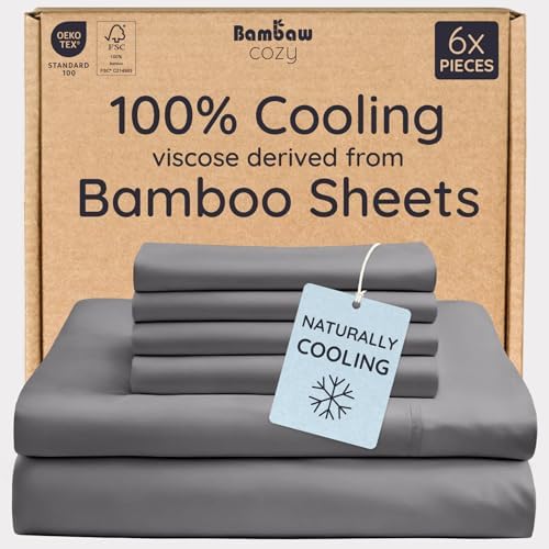 Bambaw 100% Viscose Derived from Bamboo Sheets King Size Set – 6pcs Deep Pocket King Sheets Cooling, Fits Up to 16'' with Elastic Corner Straps, Super Soft Bedding Set (Dark Gray)