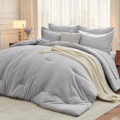 MUXHOMO 7 Pieces Oversized Queen Comforter Set, Soft Bed in a Bag Oversized Queen Size, All Season Bedding Set with Comforter, Flat Sheet, Fitted Sheet, Pillowcases & Shams, Light Grey