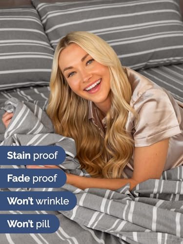 Extra Deep Twin Sheet Set - 3 Piece Breathable & Cooling - Grey Stripes