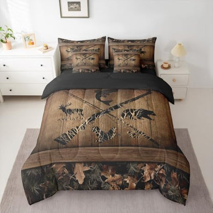 Erosebridal Rustic Farmhouse Bedding Sets 7 Piece Retro Camo Cabin Lodge Comforter Set Queen Hunting and Fishing Bed in A Bag for Boys Adults Men Wildlife Bear Deer Fish Duck Sheet Set with Comforter