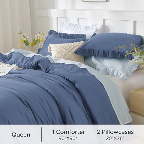 Andency Ocean Blue Queen Comforter Set, 3 Pcs Farmhouse Shabby Chic Bedding