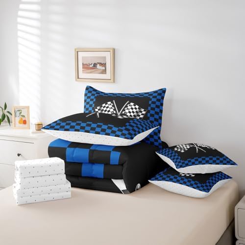7 Pieces Racing Comforter Set for Kids Blue Black White Bedding Set Queen Size,Racing Car Flag Game Theme Comforter for Boys Girls Adult Checkered Flag Super Soft Fade Resistant Microfiber Bedding