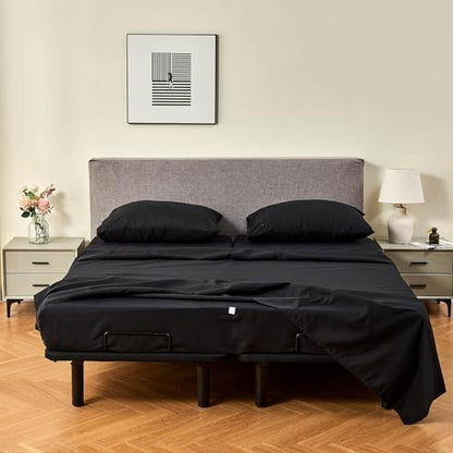 Kingnex 32-34 Split Top King Sheets Sets for Adjustable Bed with Straps Soft 1800 Microfiber Breathable 4 Pcs Flex Head King Bedding Set Black