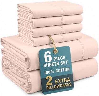 Casa Platino 100% Cotton Full Size Sheets Set – 6 Piece Crisp Percale Full Size Cooling Sheets, Lightweight for Summer, with 15" Deep Pocket Fitted Sheet Nightly Comfort & Airy Sleep – Veiled Rose