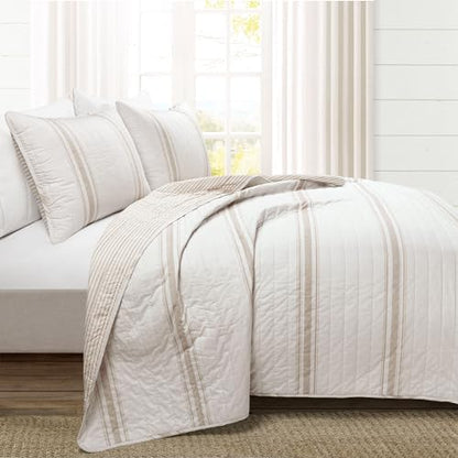 Lush Decor Farmhouse Stripe Reversible Cotton Quilt Queen Size 3 Piece Set Full/Queen Neutral - Farmhouse Bedding Set Queen Quilt - Striped Bedding