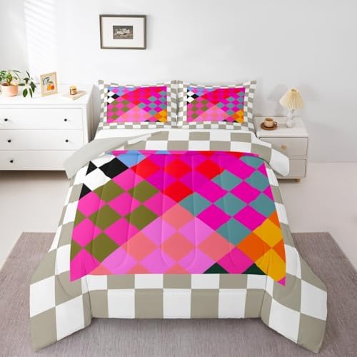 Checkered Geometric Comforter Set All Season Retro Rose Pink Beige Brown Plaid Bedding Set with 2 Pillow Cases Checkerboard Modern Aesthetic Kids Full Bedclothes Reversible Grey Decor Duvet Quilt