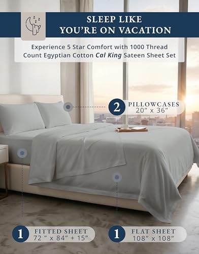 LANE LINEN California King Size Sheets Set 100% Egyptian Cotton - Silver