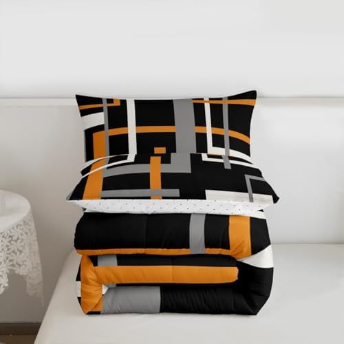 Orange Black Comforter Set for Teens Abstract Square Bedding Set Geometric Art Bedding Home Decor for Kids Comforter Twin Size White and Gray Quilted Duvet Set 1 Comforter with 1 Pillowcase