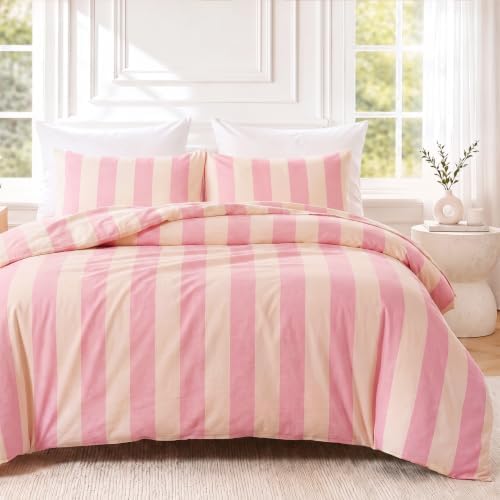 Bedbay Pink Striped Duvet Cover Set Queen Size, 100% Cotton 300TC Sateen, Pink Cream Cabana Stripe Bedding, Soft Smooth Breathable Feminine Set, 3 Pieces