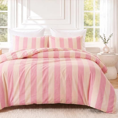 Bedbay Pink Striped Duvet Cover Set King Size, 100% Cotton 300TC Sateen, Pink Cream Cabana Stripe Bedding, Soft Smooth Breathable Feminine Set, 3 Pieces