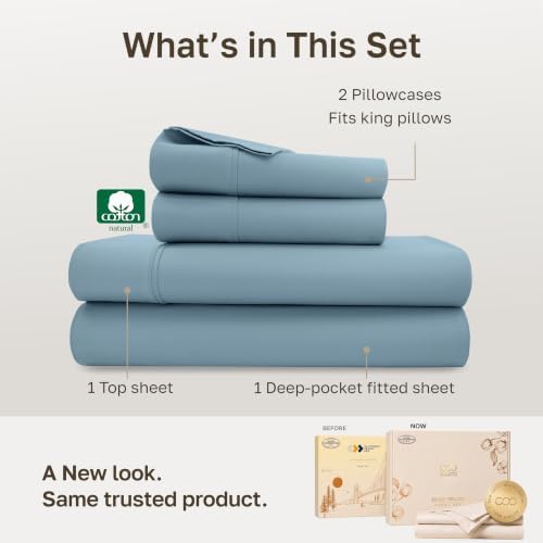 California Design Den Soft 100% Cotton Cal King Sheet Set, 400 TC Good Housekeeping Award Winner, Silky Smooth Sateen Weave with Deep Pockets, Breathable and Durable Cotton Bedding Set - Sky Blue