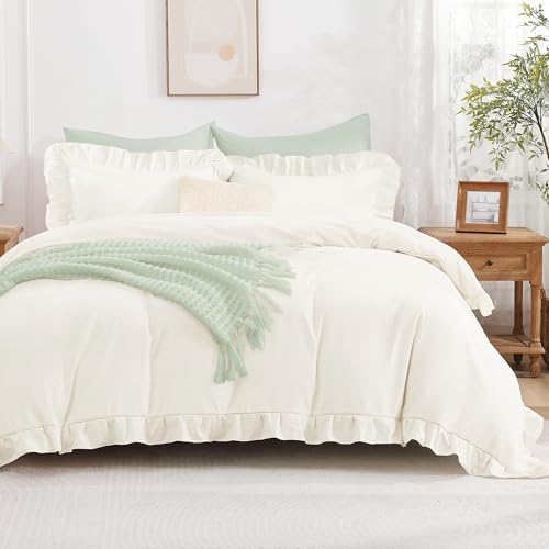 Andency Ivory Ruffle Duvet Cover Full, Shabby Chic Farmhouse Bedding Set