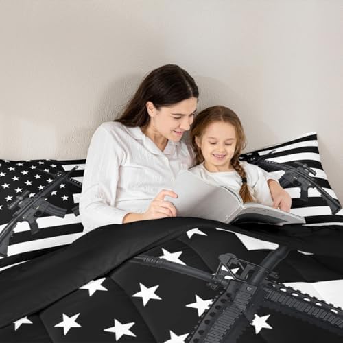 American Flag Comforter Set Twin Size Machine Gun Down Comforter for Kids Teens Adult Men Bedroom USA Federations Stars Stripe Bedding Set United States Military Rifle Duvet Sets, Black and White