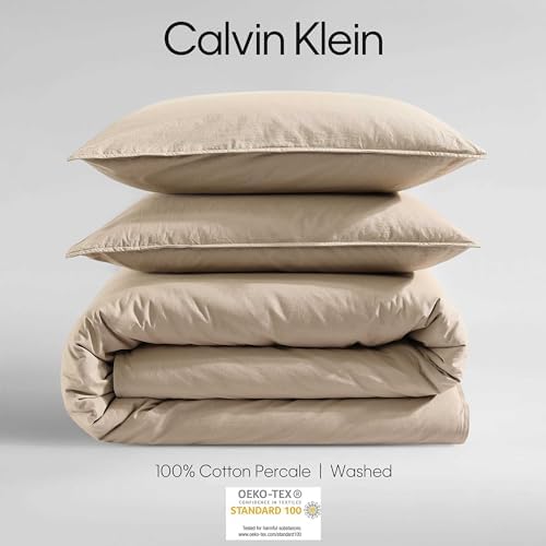 Calvin Klein - King Duvet Cover Set, Modern Cotton Washed Percale Bedding with Matching Shams, Cozy Home Decor, Oeko-Tex Certified (Washed Percale Camel Brown, King)