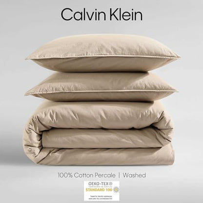 Calvin Klein - King Duvet Cover Set, Modern Cotton Washed Percale Bedding with Matching Shams, Cozy Home Decor, Oeko-Tex Certified (Washed Percale Camel Brown, King)