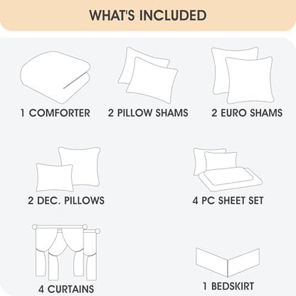 LANCO MODERN LIFESTYLE California King Comforter Set, Brown Bedding Set, Jacquard Woven with Geometry, 16 Pieces Room in a Bag, Sheets, Bedskirt, Pillow Shams and Cases, Decor Pillows and Curtains