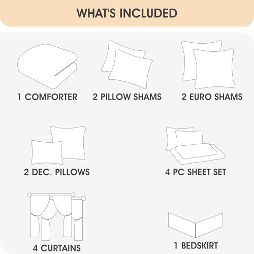 LANCO MODERN LIFESTYLE Queen Comforter Set, Brown Bedding Set, Jacquard Woven with Geometry, 16 Pieces Room in a Bag, Sheets, Bedskirt, Pillow Shams and Cases, Decorative Pillows and Curtains