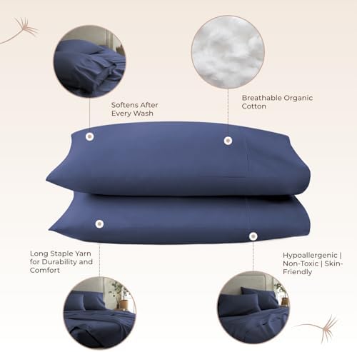 100% Organic Cotton Pillow Cases Queen Size Set of 2-100% Cotton Pillowcases GOTS Certified 300 Thread Count - Naturally Cooling Comfortable Breathable & Soft Pillow Cases (Navy, Queen)