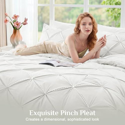 JOLLYVOGUE Full Size Comforter Sets 7 Pieces - Bed in a Bag Full for All Season, Pintuck Bedding Comforter Sets with Comforter, Flat Sheet, Fitted Sheet and Pillowcases & Shams, White