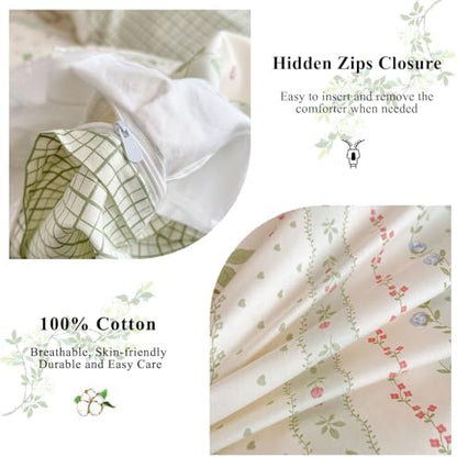 VM VOUGEMARKET White Ruffle Duvet Cover Queen with Cute Rabbit Printed Reversible Green Plaid Comforter Cover with Zipper Ties Cotton Princess Bedding Set for Teen Girls
