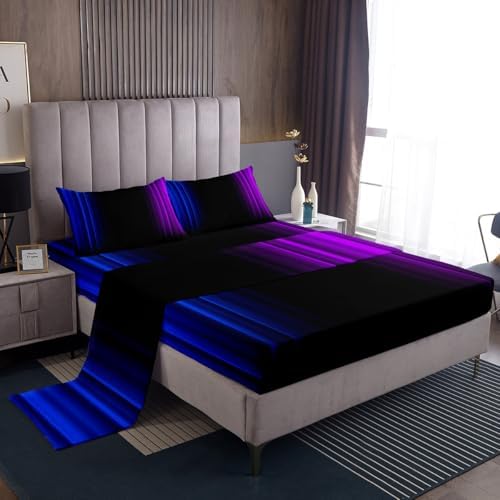 Feelyou Teens Abstract Ombre Decorations Bedding Set for Kids Women Blue Purple and Black Bed Sheets Set Geometric Modern Fitted Sheet Sets Room 3Pcs Twin Size